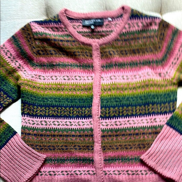 Jones New York Sweaters - Jones New York Pink and Green Striped Cardigan Sweater wool